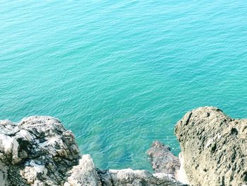 High angle view of rocks by sea