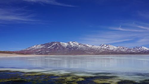 Scenic view of lake and snowcapped mountains against blue sky