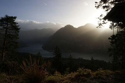 Scenic view of mountains against sky during sunset