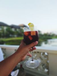 Close-up of hand holding wineglass against sky