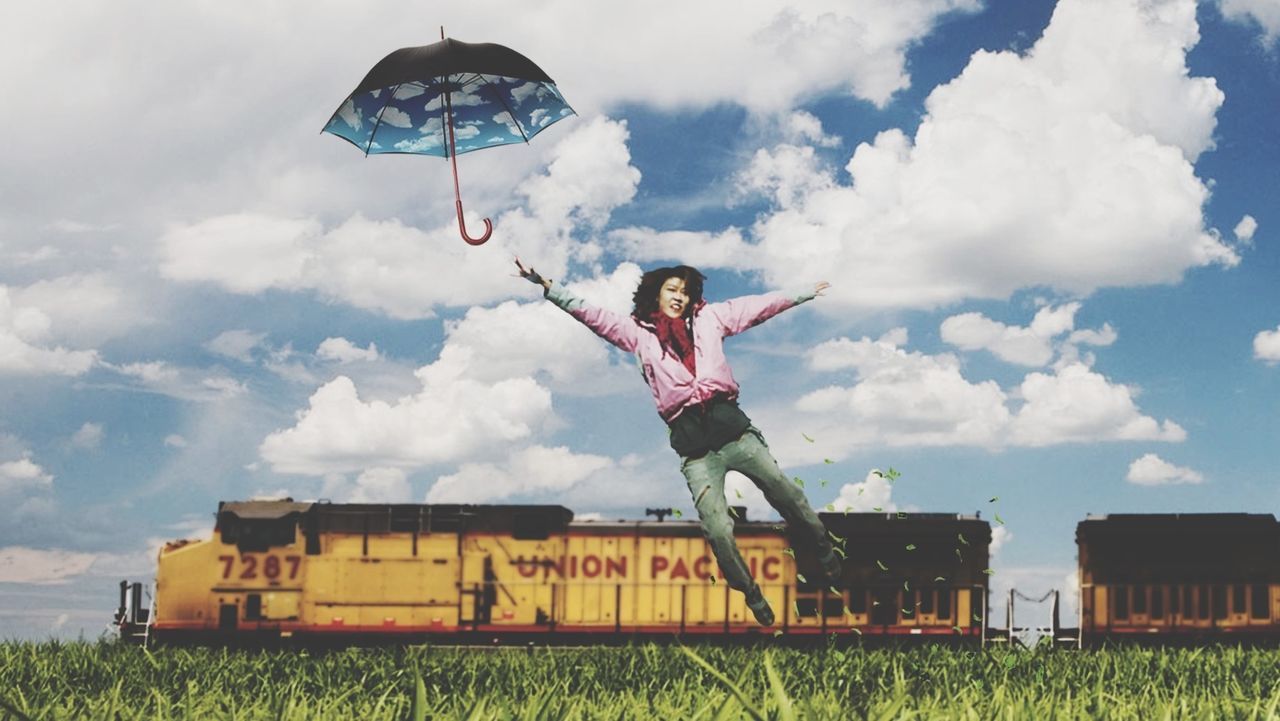 sky, full length, lifestyles, leisure activity, person, childhood, mid-air, cloud - sky, casual clothing, fun, enjoyment, elementary age, happiness, jumping, arms raised, boys, standing, playing