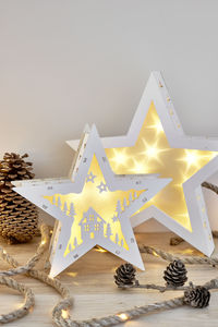 High angle view of christmas decorations on table