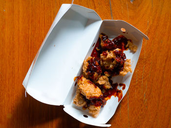 High angle view of food in plate on table