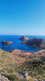 Scenic view of sea against clear blue sky