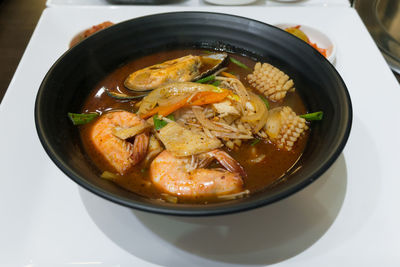 High angle view of soup in bowl on table