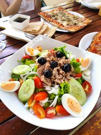 High angle view of breakfast served on table