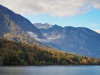 Scenic view of lake and mountains against sky