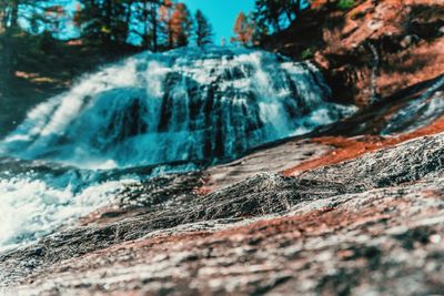 Close-up of waterfall against rock formation