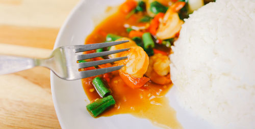 High angle view of food served in plate