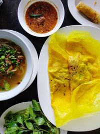 High angle view of meal served on table