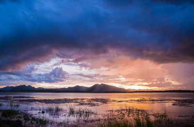 Scenic view of lake against sky during sunset