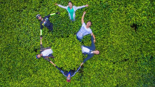 High angle view of people on grassland