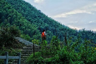Rear view of woman walking on steps at mountain against sky