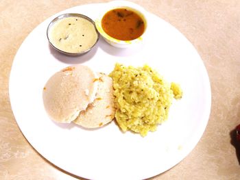 High angle view of breakfast served on table