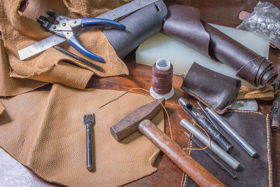 High angle view of work tools on table