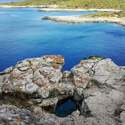 High angle view of rocks by sea