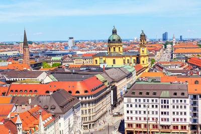 Munich downtown panorama . aerial view of theatine church and odeonsplatz in munich germany