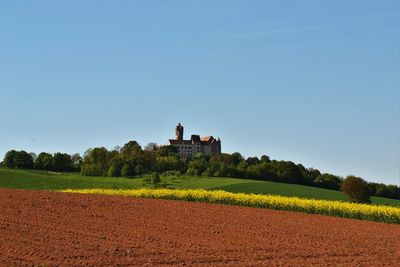 Scenic view of field against clear sky