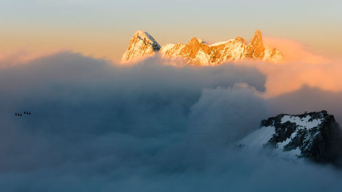 Snow covered mountains against sky during sunset