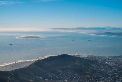 High angle view of sea and bay against sky