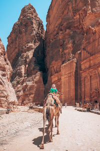 Rear view of man walking on rock formations