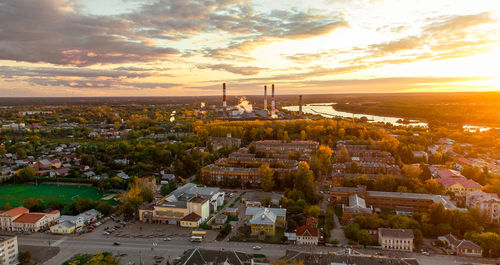 High angle view of townscape against sky during sunset