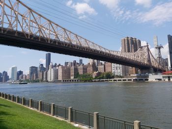 Bridge over river by buildings in city against sky