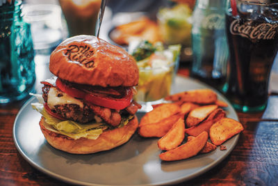 Close-up of burger in plate on table