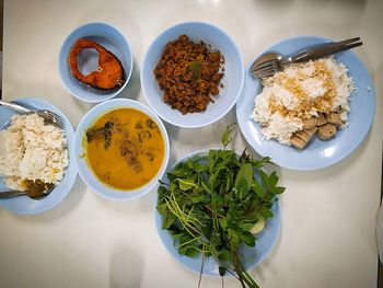 High angle view of meal served on table