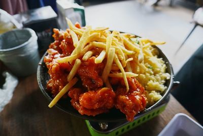 High angle view of meat served in plate on table