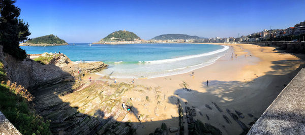 High angle view of sea shore against clear sky