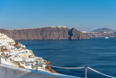 Scenic view of sea against clear blue sky