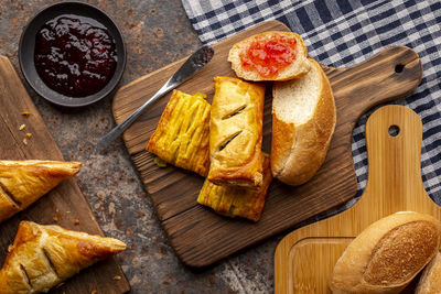 High angle view of food on cutting board