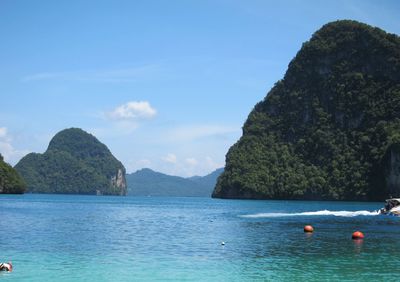 Scenic view of sea and mountains against sky