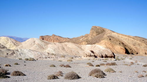 Scenic view of rocky mountains against clear blue sky