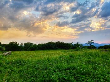 Scenic view of grassy field against cloudy sky