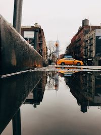 Reflection of buildings in puddle