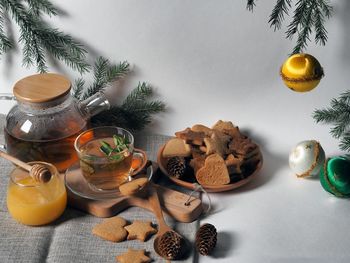 High angle view of christmas decorations on table