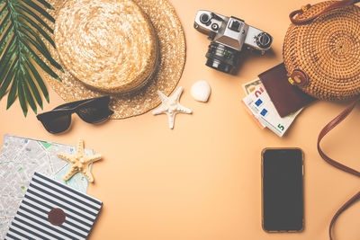 High angle view of objects on table