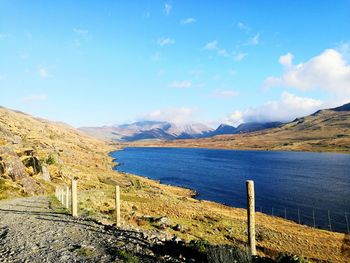 Scenic view of river by mountains against blue sky