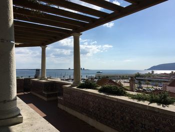 Scenic view of sea by buildings against sky