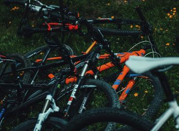 High angle view of bicycle parked on field