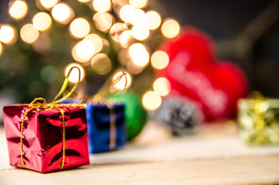 Close-up of christmas presents on table