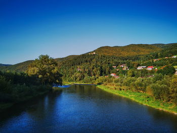 Scenic view of lake against clear blue sky