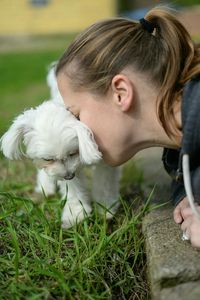 Portrait of dog standing on grassy field