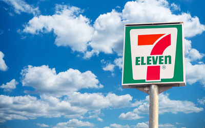 Low angle view of road sign against sky