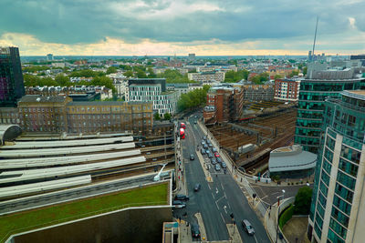 High angle view of cityscape in londom against cloudy sky