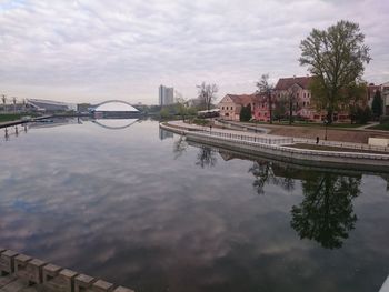 Reflection of bridge on river in city against sky