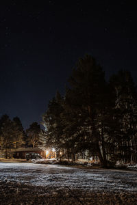 Trees on snow covered field against sky at night