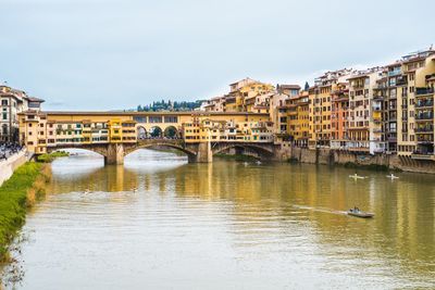 Bridge over river by buildings against sky in city